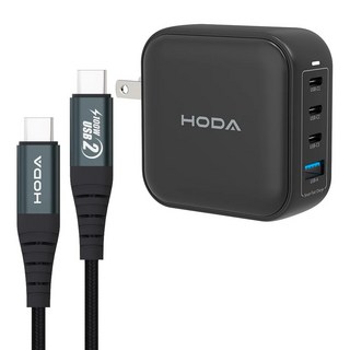 HODA 好貼 GaN氮化鎵100W智慧方型四孔電源供應器 附充電線, 黑色, 1組