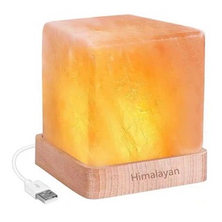 Mass usb開運金磚 鴻運通天鹽燈擺飾 + 木燈座 喜馬拉雅岩鹽 USB供電 正立方型鹽石 12cm x 12cm x 12cm 方形木底座12.5厘米x 12.5厘米x 2.5厘米