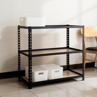 AMOS 免螺絲角鋼木板貨架, 黑色, 3層