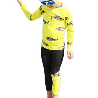 男童長袖分體泳衣套裝 NS 泳衣+泳褲, L, 黃波浪鯊魚, 1組