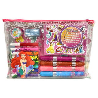 京甫 彩繪袋著走 迪士尼公主 Set, 24色著色畫冊 大袋可愛角色貼紙 4支滑順好塗油滑蠟筆 8枝色彩繽紛彩色筆 色創意指印圖章, 1包, DS014B