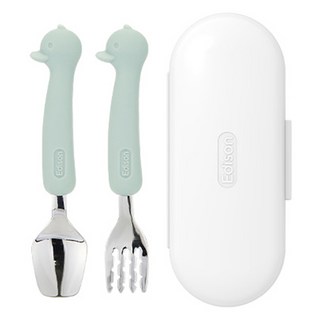 에디슨 유아 실리콘 스푼 포크 케이스 세트, 오리민트, 스푼 + 포크 + 케이스, 1세트