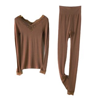 日本超薄發熱衣/保暖衣內搭衣套組 帶絲襪+褲-咖啡色 柔軟衣料 長袖, 均碼