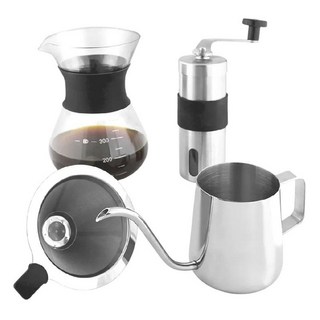 FUJI-GRACE 富士雅麗 304不鏽鋼手沖壺咖啡四件組, 手搖磨豆機 + 不鏽鋼手沖壺 + 玻璃分享壺 + 不鏽鋼濾網, 350ml, 1組