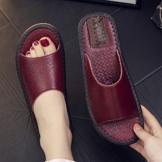 真皮頭層牛皮編織紋防滑室內拖鞋, 27cm, 酒紅色, 1雙