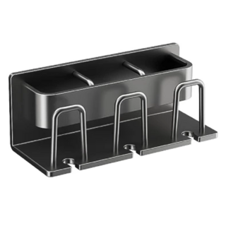 太空鋁牙刷置物架組, 黑色/灰色, 附釘膠+輔助貼, 多位掛架, 1組