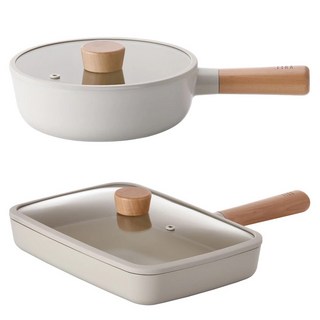 NEOFLAM 台灣原廠公司貨 FIKA系列 鑄造二鍋組, 寶貝炒鍋+早午餐煎鍋, 1組, 沙色