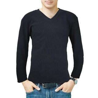 Partner dear 男款羊絨V領厚保暖衣, 能量衣著, L, 黑色