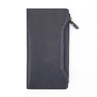 頭層瘋馬牛皮男 長夾 拉鍊式, 10 x 20cm, 黑色