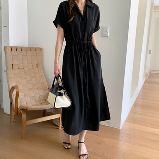 afinar 女款羈扣短袖襯衫洋裝, 黑色