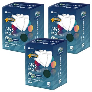 BLUE EAGLE 藍鷹牌 成人N95立體型醫用口罩 鼻樑壓條款, 碧湖綠, 50片, 3盒