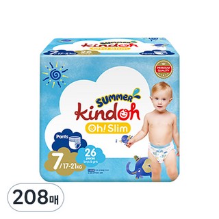 킨도 프리미엄 오 슬림 썸머팬츠 팬티형 기저귀 남여공용, 7단계, 208매
