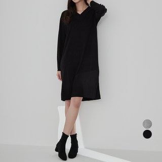 CARET 女款V領毛衣連衣裙, BLACK