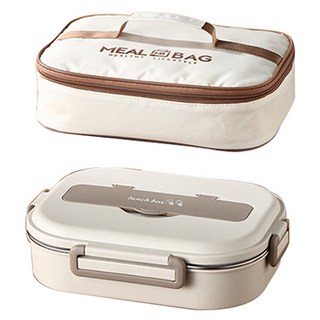 Mega 日式簡約304不鏽鋼四格便當盒 附便當袋, 米白色, 1組