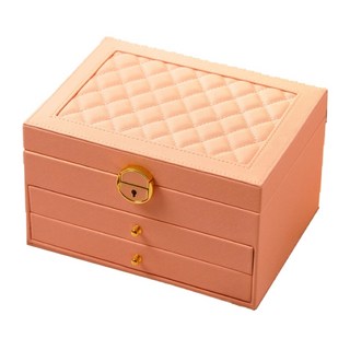 Mega 歐式三層金扣 PU皮革收納盒, 新款蜜桃粉色