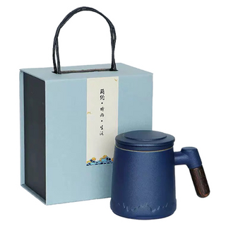 茶水分離陶瓷杯禮盒裝 350ml 木手柄, 顏色隨機, 1盒