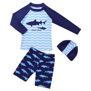 男童款 海浪圖案 長袖防曬泳衣套裝 三件式組合（防寒衣+泳褲+泳帽） 舒適合身, XL, 鯊魚