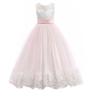 愛貝比 女童禮服 拼接粉色刺繡蕾絲緞帶長裙 兒童表演服裝 100碼, 粉色, 1件