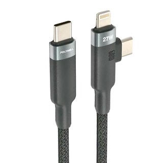 POLYWELL 寶利威爾 二合一T型編織快充線 Type-C To C + Lightning PW15-W45-A392, 1m, 黑色, 1條