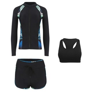 一家人的泳衣三件組（外套、裹胸泳衣、泳褲）, 成人女款 黑色 + 綠色