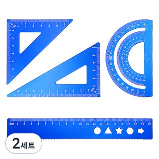디엔오 스테인레스 삼각자 + 각도기 + 자 세트, 블루, 2세트