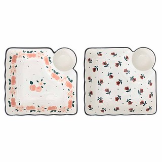 PRACA 波蘭風陶瓷餃子盤 2款組, 小玫瑰款+桃子花朵款, 1組