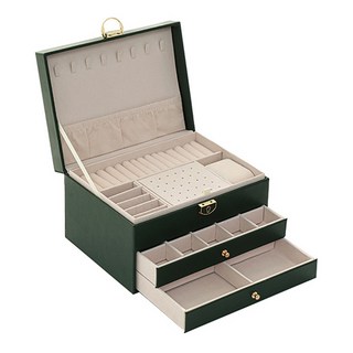 Mega 歐式三層金扣皮質首飾盒, 墨綠色, 23x17x13.5公分