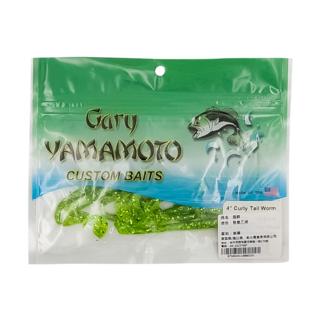 Gary YAMAMOTO 長捲尾蛆 - 4" Curly Tail Worm, 亮綠 + 亮黃亮片, 1包