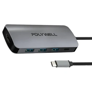 POLYWELL 寶利威爾 Type-C七合一集線器 HUB 100W PD快充 5G HDMI SD TF PW15-T02-A054, 灰色 + 黑色, 1個