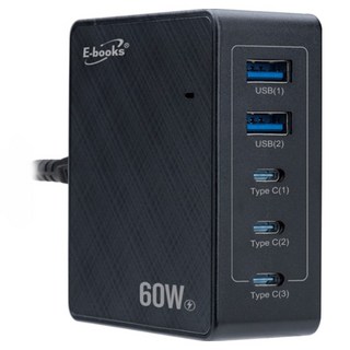 E-books B76 60W長線型五孔快速充電器 + 100W鋁合金C to C快充傳輸線組 台灣安規認證 PD+QC3.0雙輸出 智慧插槽, 1組
