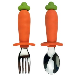 PiYOPiYO 黃色小鴨 鉑金矽膠316不鏽鋼學習蘿蔔湯叉組 防護檔片 矽膠握柄, 學習湯匙 + 叉子, 橘色, 1組