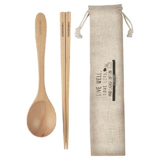 GOZENBO 御膳坊 北歐山毛櫸環保餐具組 含袋, 大餐匙+櫸木筷+餐具袋, 山毛櫸, 1組