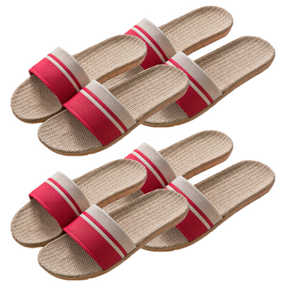 BonBon naturel 女款 寬版雙色舒適透氣亞麻居家拖鞋 紅色, 4雙