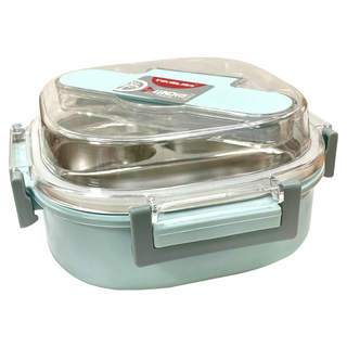 #304正方三格便當盒 530ml容量 PP塑料+304不鏽鋼+矽膠材質, 顏色隨機, 1個