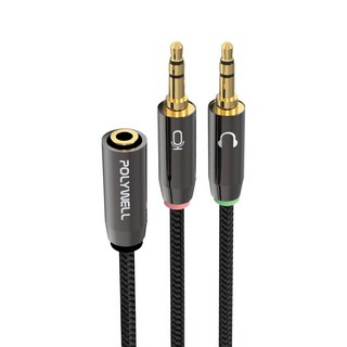 POLYWELL 寶利威爾 3.5mm 1母(四極)轉2公(三極)音源轉接線 25cm, PW15-W52-A005, Black, 1條