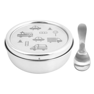 KOM 童趣系列 316不鏽鋼兒童隔熱碗餐具組 汽車, 餐碗 + 上蓋 + 湯匙, 1套, 白色