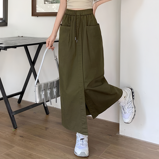 鬆緊半身裙 工裝長裙 A字裙 前開岔雙口袋設計, 腰寬33cm 臀寬55cm 全長89cm, 綠色