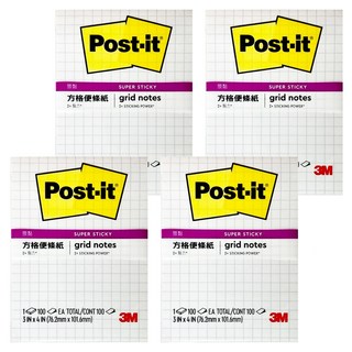 3M Post-it 利貼 狠黏 方格便條紙 657S-GRID 76.2 x 101.6mm, 白色灰格, 100張, 4組
