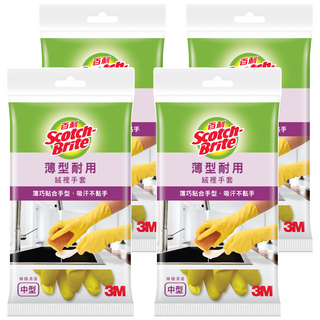 3M Scotch-Brite 百利 檸檬清香 薄型耐用絨裡手套, 黃色, 中, 4包