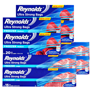 Reynolds 雙層鎖扣冷凍夾鏈袋 中型 20入 x 2個 + 大型 15入 x 2個組合, 2套, 混合