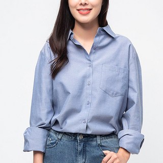 CARET 女款舒適牛津襯衫 - 寬鬆胸圍, 可遮住臀部, Free Size, 藍色