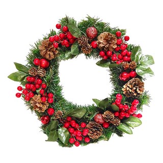 摩達客 台製歐風典雅大地盛宴紅球果松果聖誕花圈, 綠色 + 紅色 + 棕色, 1個