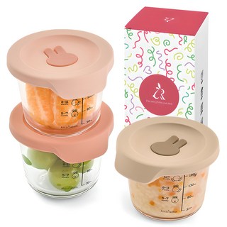 아띠래빗 원형 유리 밀폐 이유식 용기 3종 세트, 230ml, 푸딩베이지 + 아띠핑크 + 아띠로즈, 1세트