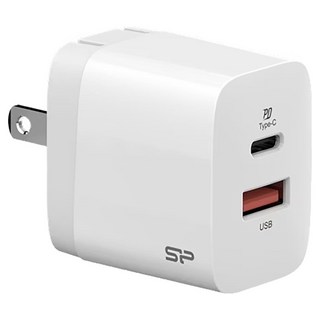 Silicon Power 廣穎電通 20W PD + QC雙孔快充充電器, Type-C/USBA, 國際通用電壓, 輕巧收納, 白色, 1個