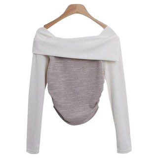 Chic Black 女款 Lumeuneu 混色側邊抓皺半短版露肩T恤 cpt15873k49