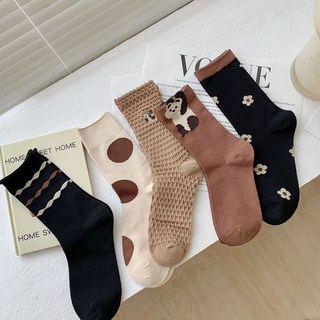 Wodemi 女款四季可愛Bao棕色黑色中筒時尚襪子 5雙組 W810