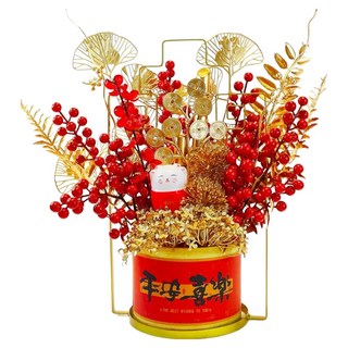 摩達客 春節開運招財金枝玉葉紅果招財貓盆栽擺飾 新年居家裝飾 增添喜慶氛圍, 紅色 + 金色
