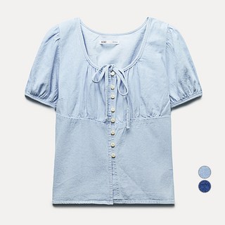 MIXXO 女款丹寧抓皺短袖上衣