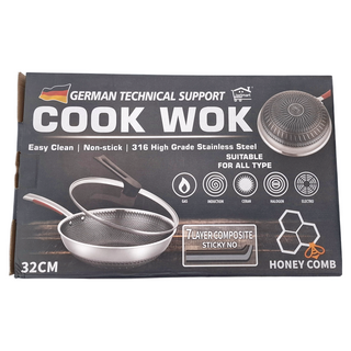 COOK WOK 紅手把雙面炒鍋 32cm 316高級不銹鋼 不粘鍋 適用於所有爐具, 1個
