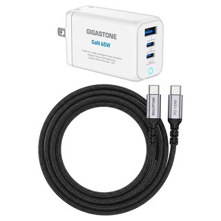 GIGASTONE 立達 GaN 65W 氮化鎵三孔快充充電器 + C to C 100W快充傳輸線 支援iPhone16/Mac/Switch充電頭, 1組, 白色